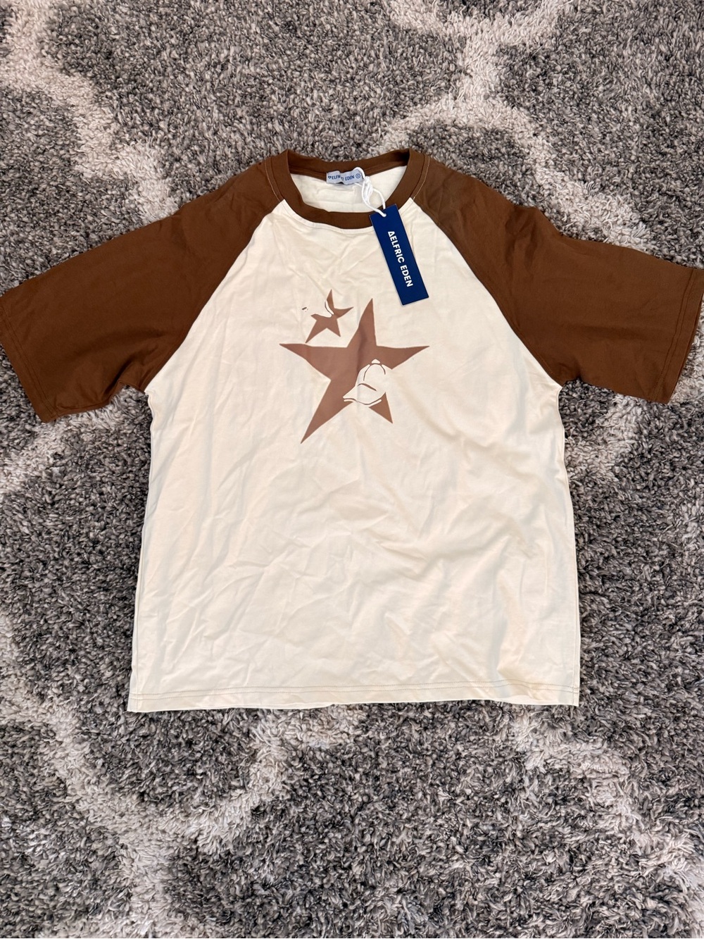 Aelfric Eden Cream Tee with Brown Raglan Sleeves and Star Graphic